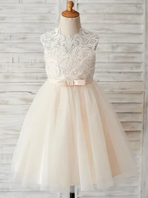 Champagne Jewel Neck Sleeveless Pearls Kids Party Dresses
