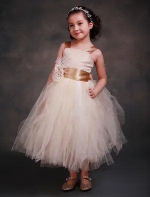 Champagne Princess Lace Straps Flower Sash Tulle Tea Length Toddler'S Tutu Dress