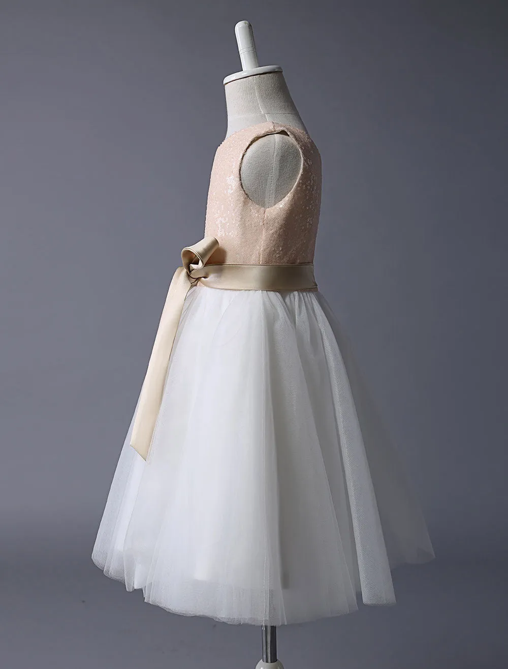 Champagne Sequin Tulle Pageant Dress A-line Short Dinner Dress With Bow Sash
