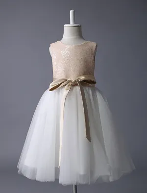 Champagne Sequin Tulle Pageant Dress A-line Short Dinner Dress With Bow Sash