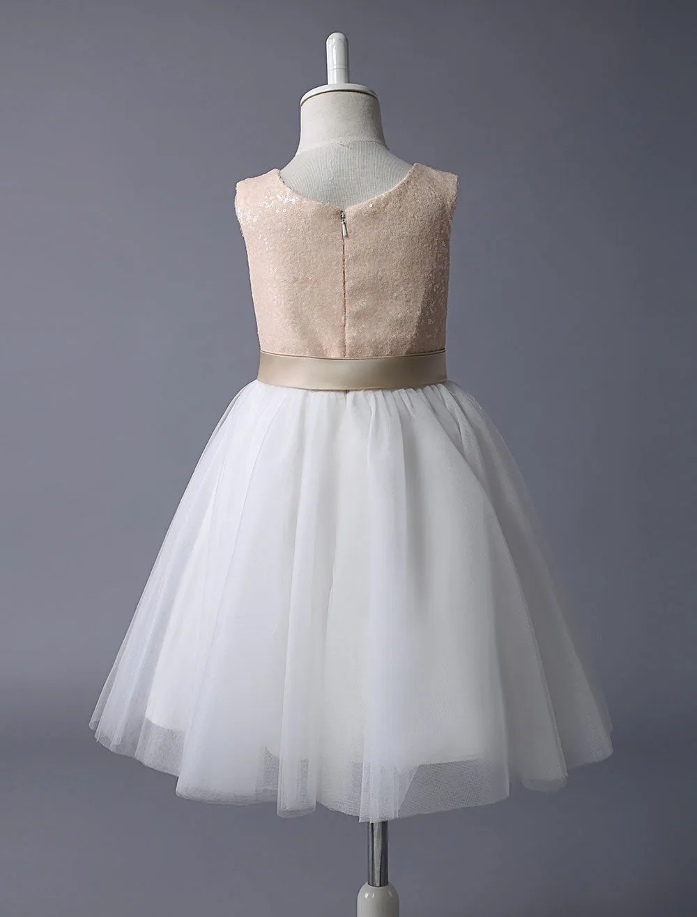 Champagne Sequin Tulle Pageant Dress A-line Short Dinner Dress With Bow Sash