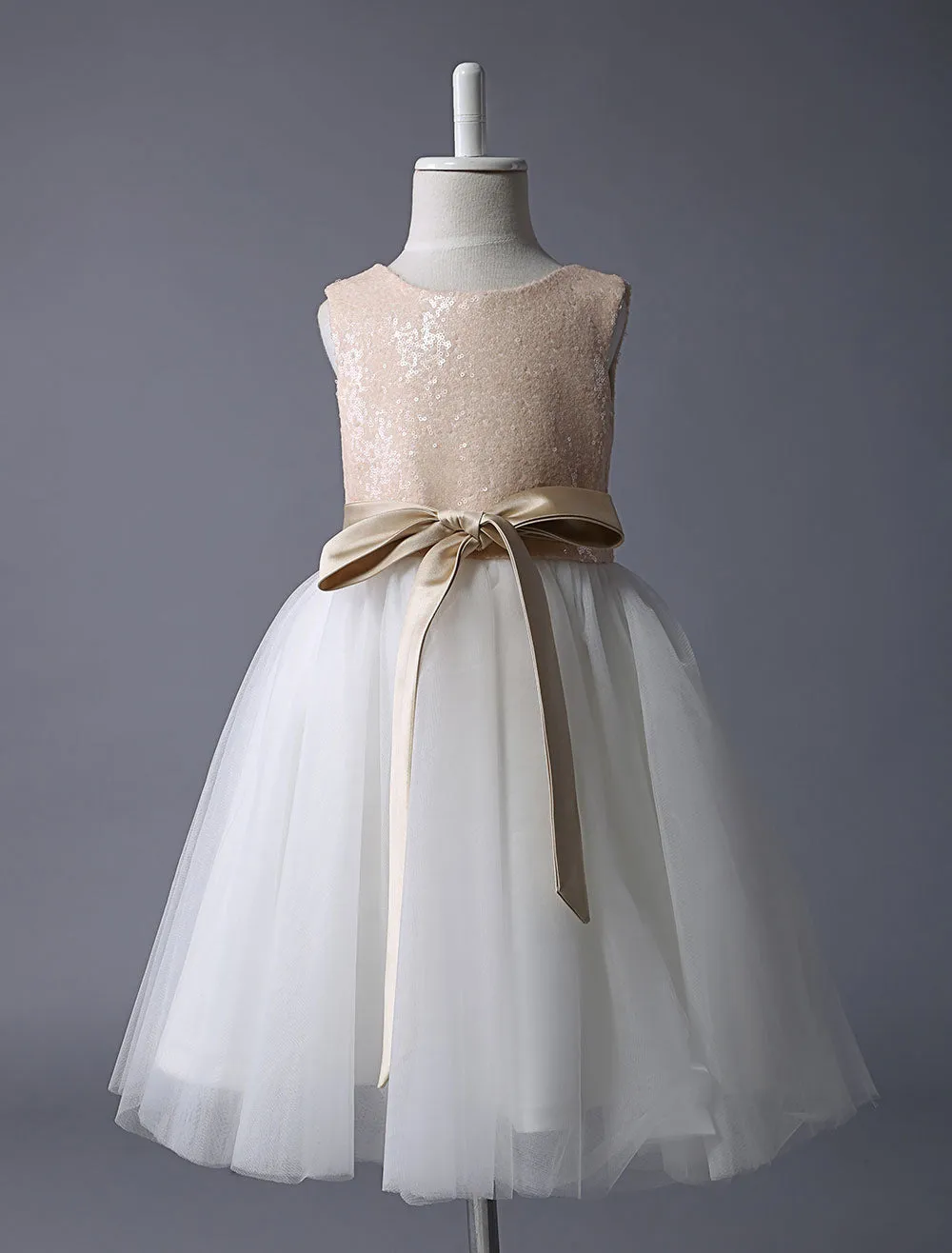 Champagne Sequin Tulle Pageant Dress A-line Short Dinner Dress With Bow Sash