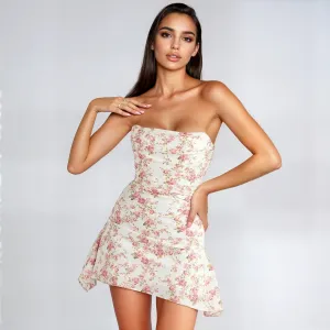 Charming Pink Floral Strapless Pleated Satin Mini Dress with Corset Design