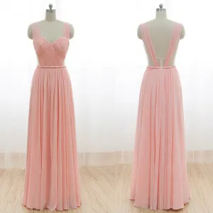 Cheap Junior Long Chiffon Pink  Sweet Heart Open Back Bridesmaid Dresses, WG21