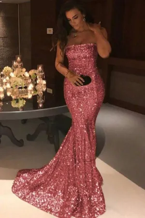 Cheap Mermaid Strapless Coral Sequins Long Prom Dresses, Evening Party Dresses,MP508