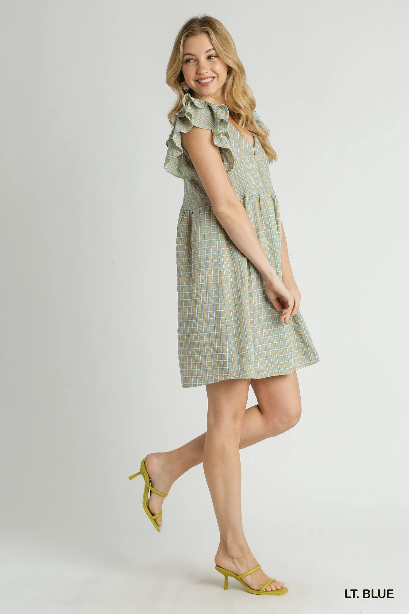 Checkered Ruffle Sleeve V-Neck Dress
