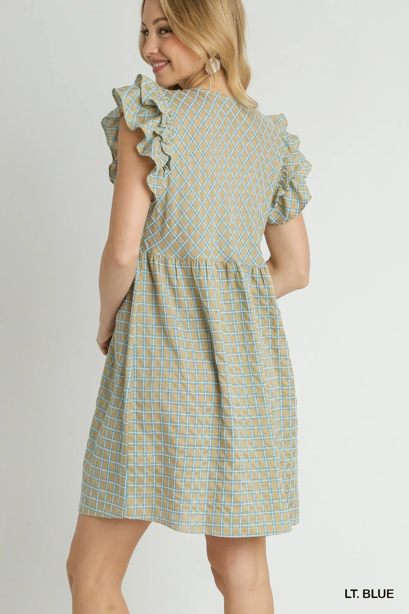 Checkered Ruffle Sleeve V-Neck Dress