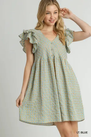 Checkered Ruffle Sleeve V-Neck Dress