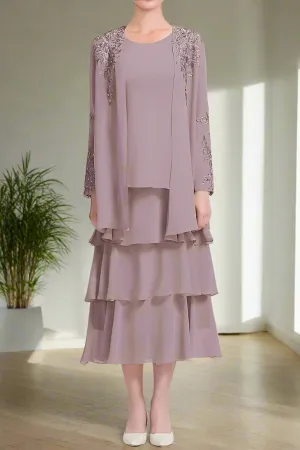 Chiffon 2 Pieces A-Line Tea Length Mother of the Bride Dress