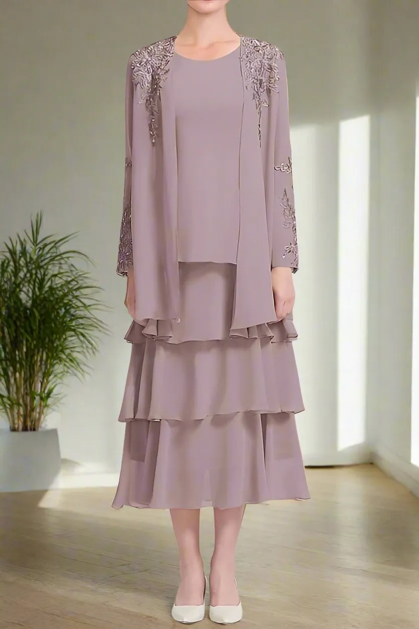 Chiffon 2 Pieces A-Line Tea Length Mother of the Bride Dress