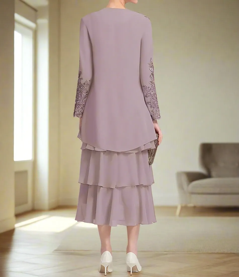 Chiffon 2 Pieces A-Line Tea Length Mother of the Bride Dress