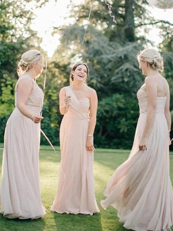 Chiffon A-line One Shoulder Sleeveless Long Bridesmaid Dresses, BD117