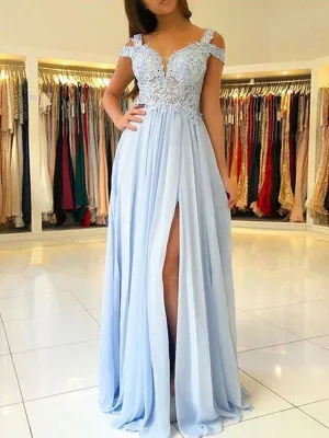 Chiffon Evening Dress A Line V Neck Floor Length Split Front Party Dresses Prom Dresses