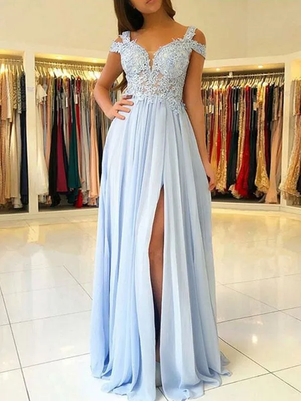 Chiffon Evening Dress A Line V Neck Floor Length Split Front Party Dresses Prom Dresses