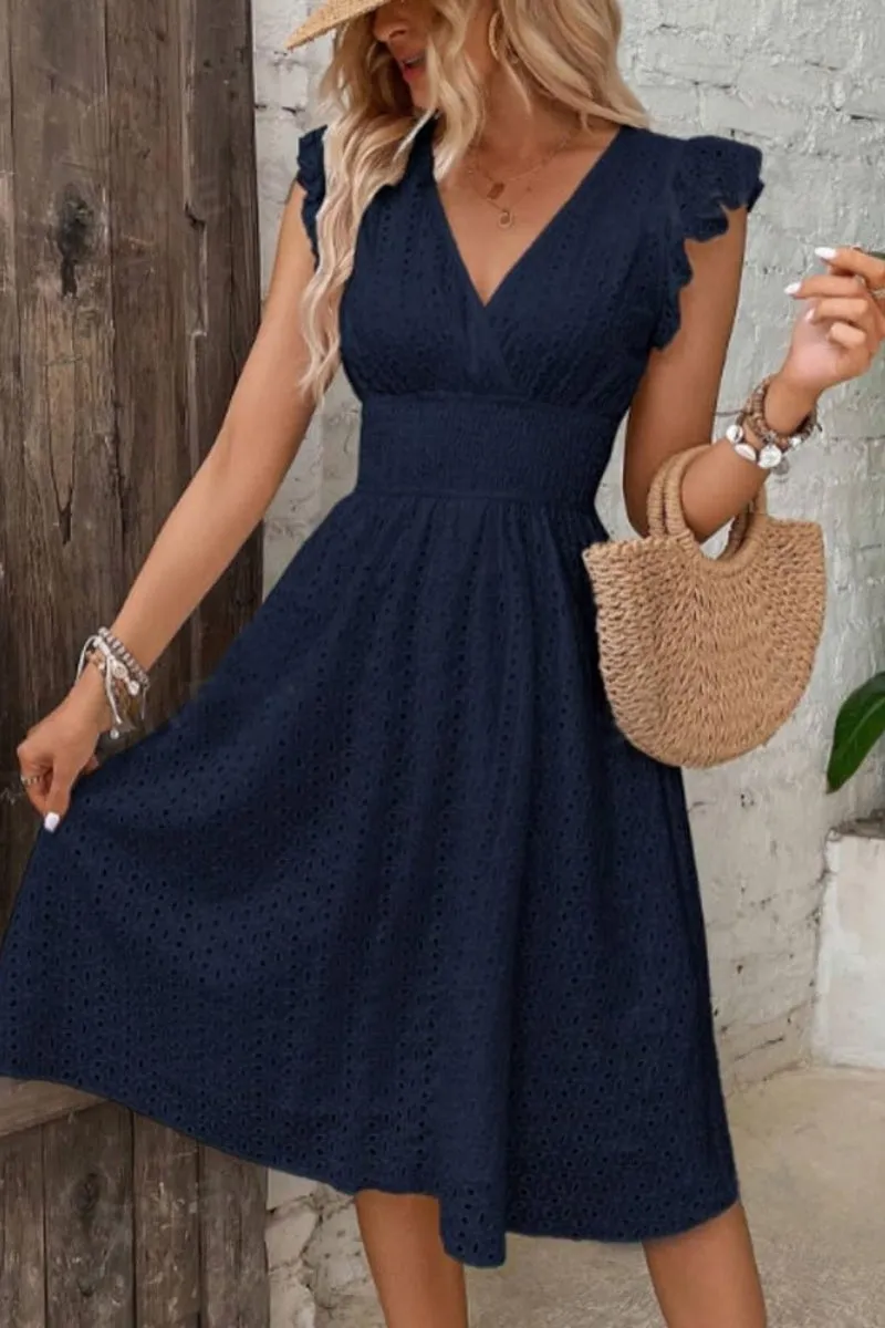 Chouyatou Women's 2024 Eyelet Lace Embroidery Smocked Waist Party Dress Sexy Flutter Sleeve A Line Midi Long Sun Dress