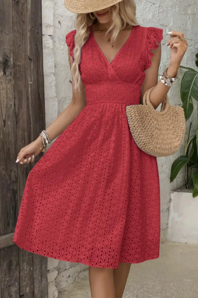 Chouyatou Women's 2024 Eyelet Lace Embroidery Smocked Waist Party Dress Sexy Flutter Sleeve A Line Midi Long Sun Dress