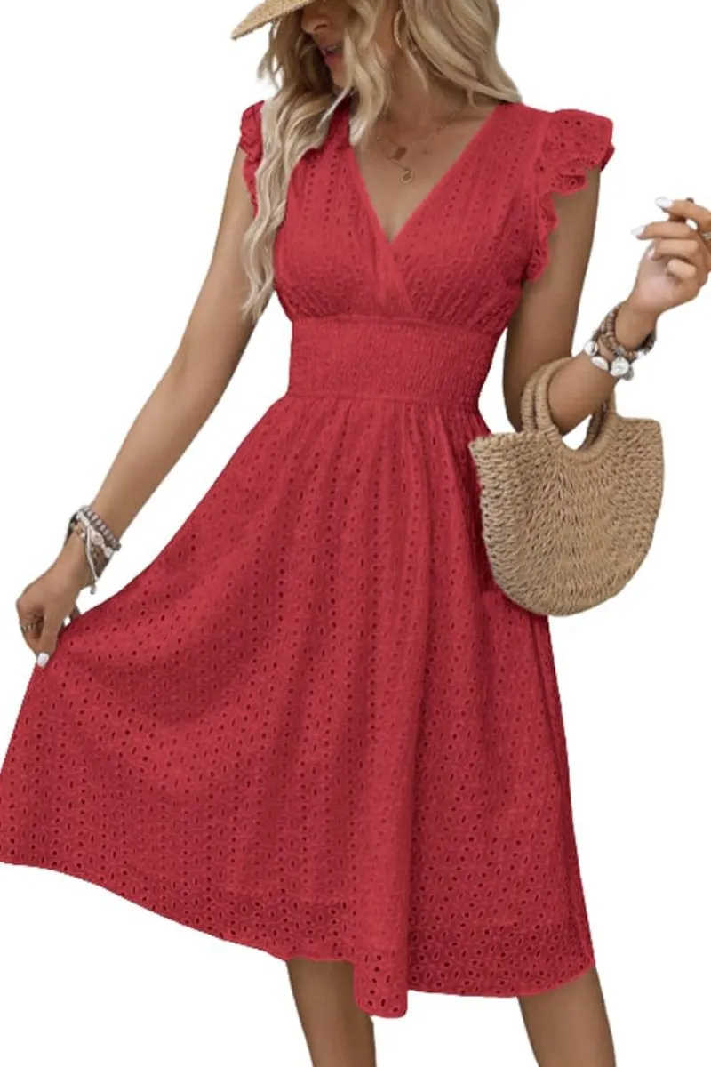 Chouyatou Women's 2024 Eyelet Lace Embroidery Smocked Waist Party Dress Sexy Flutter Sleeve A Line Midi Long Sun Dress