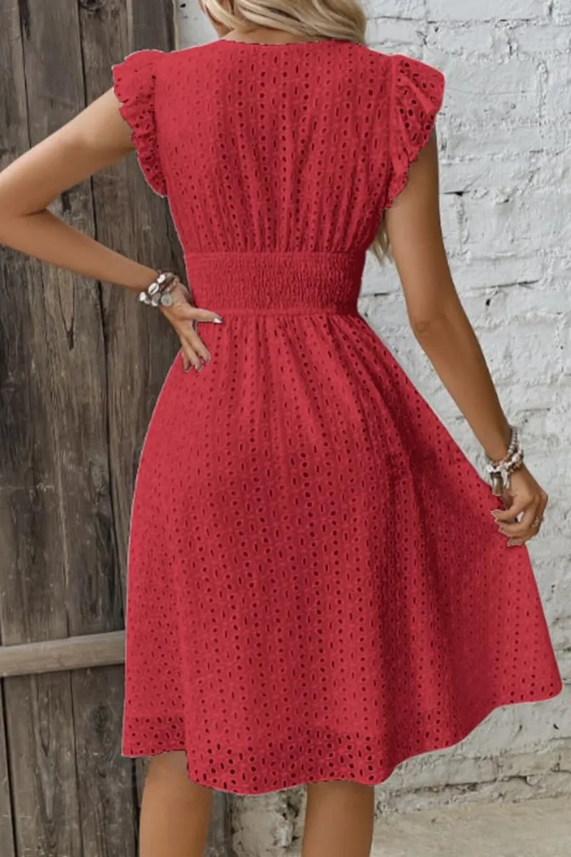 Chouyatou Women's 2024 Eyelet Lace Embroidery Smocked Waist Party Dress Sexy Flutter Sleeve A Line Midi Long Sun Dress