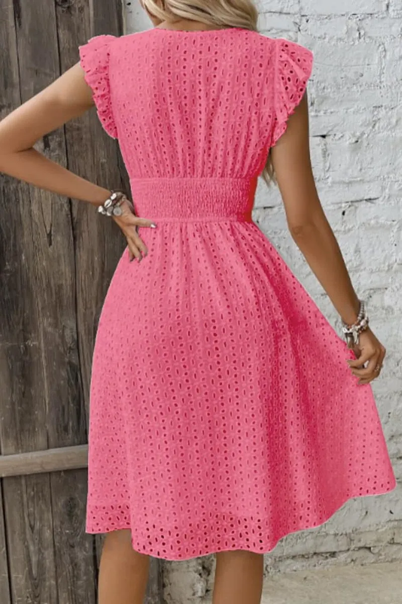 Chouyatou Women's 2024 Eyelet Lace Embroidery Smocked Waist Party Dress Sexy Flutter Sleeve A Line Midi Long Sun Dress