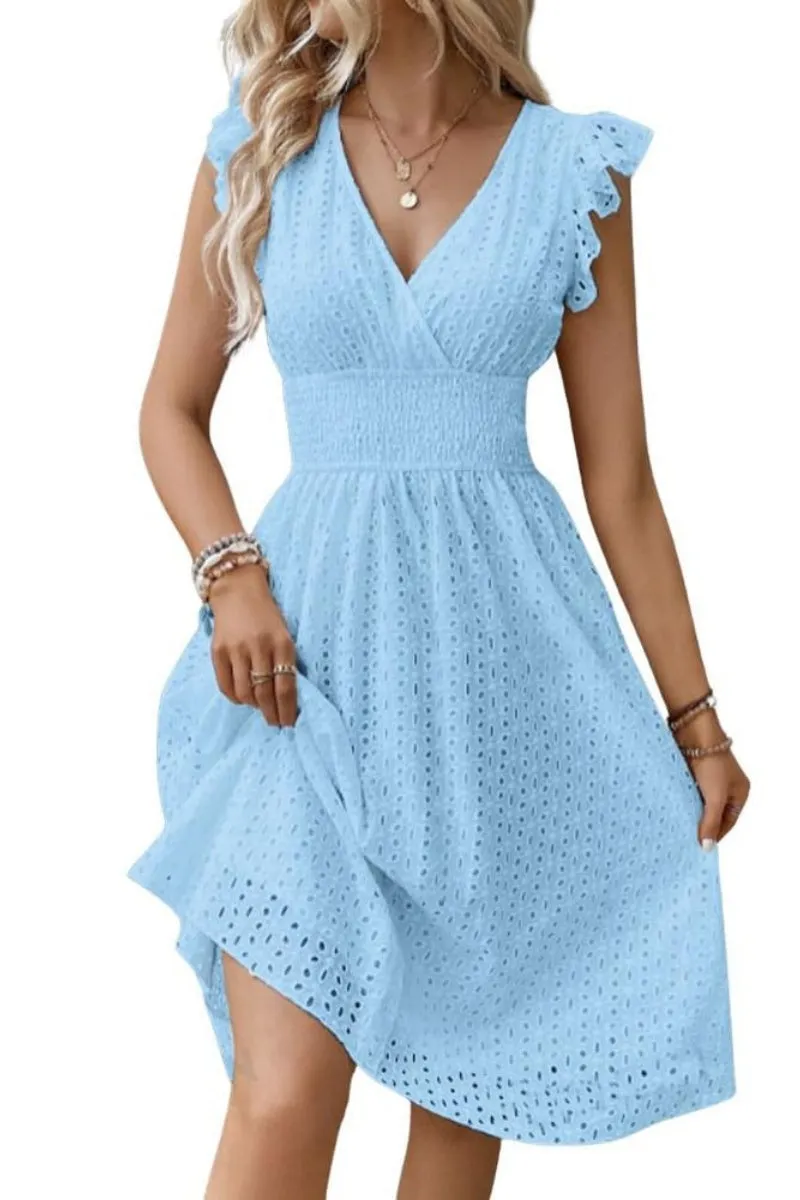 Chouyatou Women's 2024 Eyelet Lace Embroidery Smocked Waist Party Dress Sexy Flutter Sleeve A Line Midi Long Sun Dress