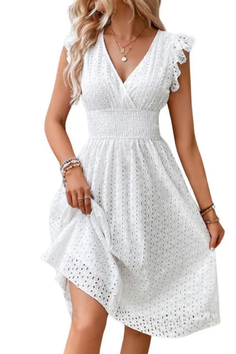 Chouyatou Women's 2024 Eyelet Lace Embroidery Smocked Waist Party Dress Sexy Flutter Sleeve A Line Midi Long Sun Dress