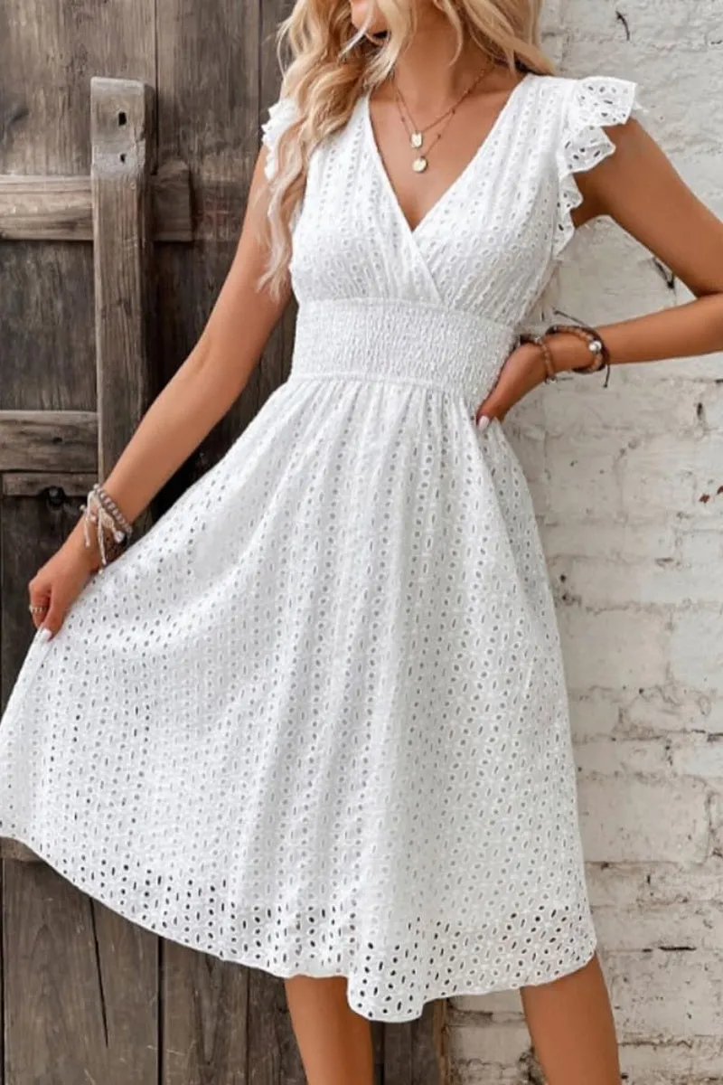 Chouyatou Women's 2024 Eyelet Lace Embroidery Smocked Waist Party Dress Sexy Flutter Sleeve A Line Midi Long Sun Dress