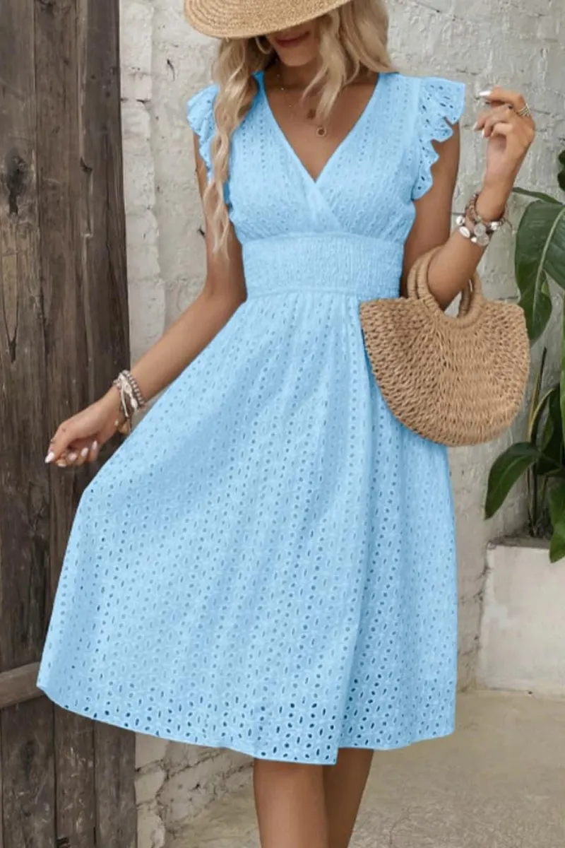 Chouyatou Women's 2024 Eyelet Lace Embroidery Smocked Waist Party Dress Sexy Flutter Sleeve A Line Midi Long Sun Dress