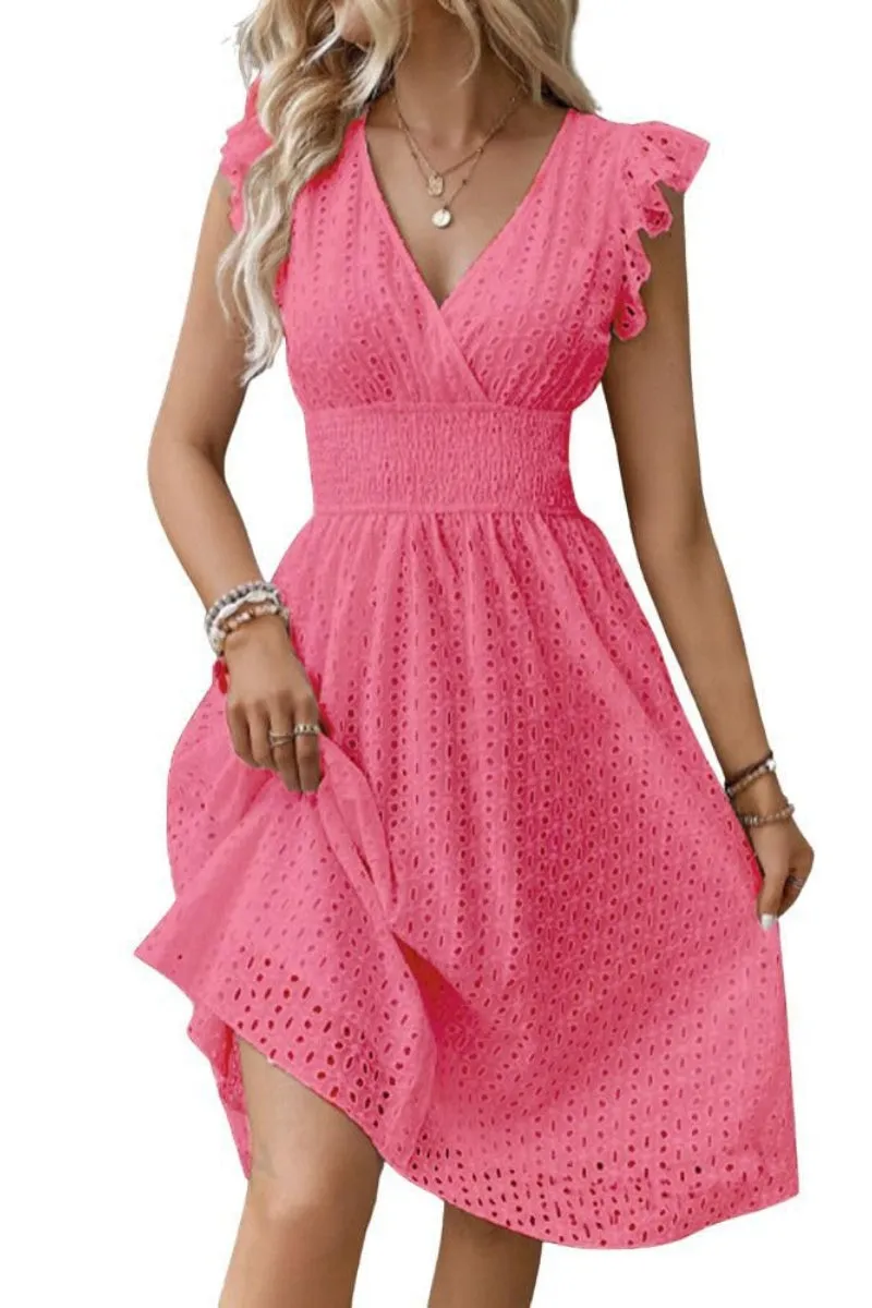 Chouyatou Women's 2024 Eyelet Lace Embroidery Smocked Waist Party Dress Sexy Flutter Sleeve A Line Midi Long Sun Dress