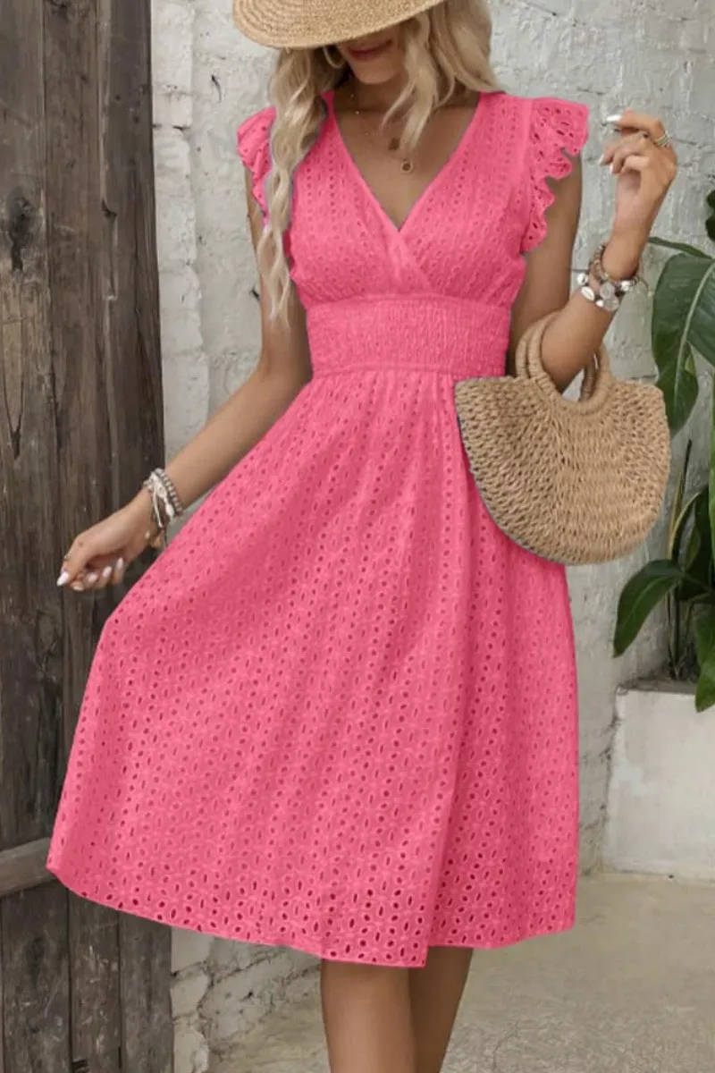 Chouyatou Women's 2024 Eyelet Lace Embroidery Smocked Waist Party Dress Sexy Flutter Sleeve A Line Midi Long Sun Dress