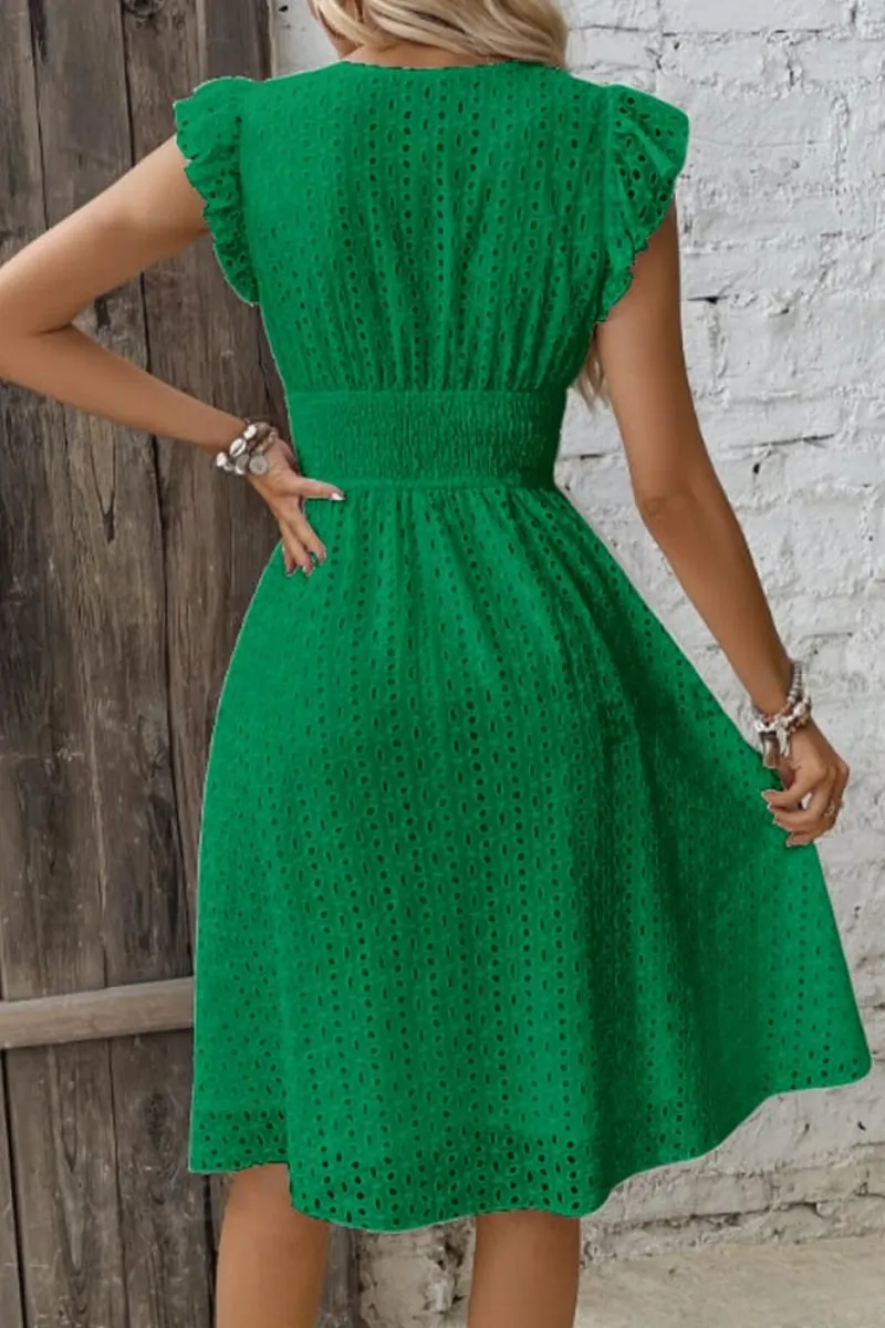 Chouyatou Women's 2024 Eyelet Lace Embroidery Smocked Waist Party Dress Sexy Flutter Sleeve A Line Midi Long Sun Dress