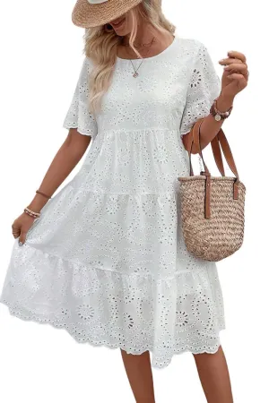 Chouyatou Women's Lace Eyelet Short Sleeve Tiered Midi Long Dress Ruffle Hem Babydoll Short Dress