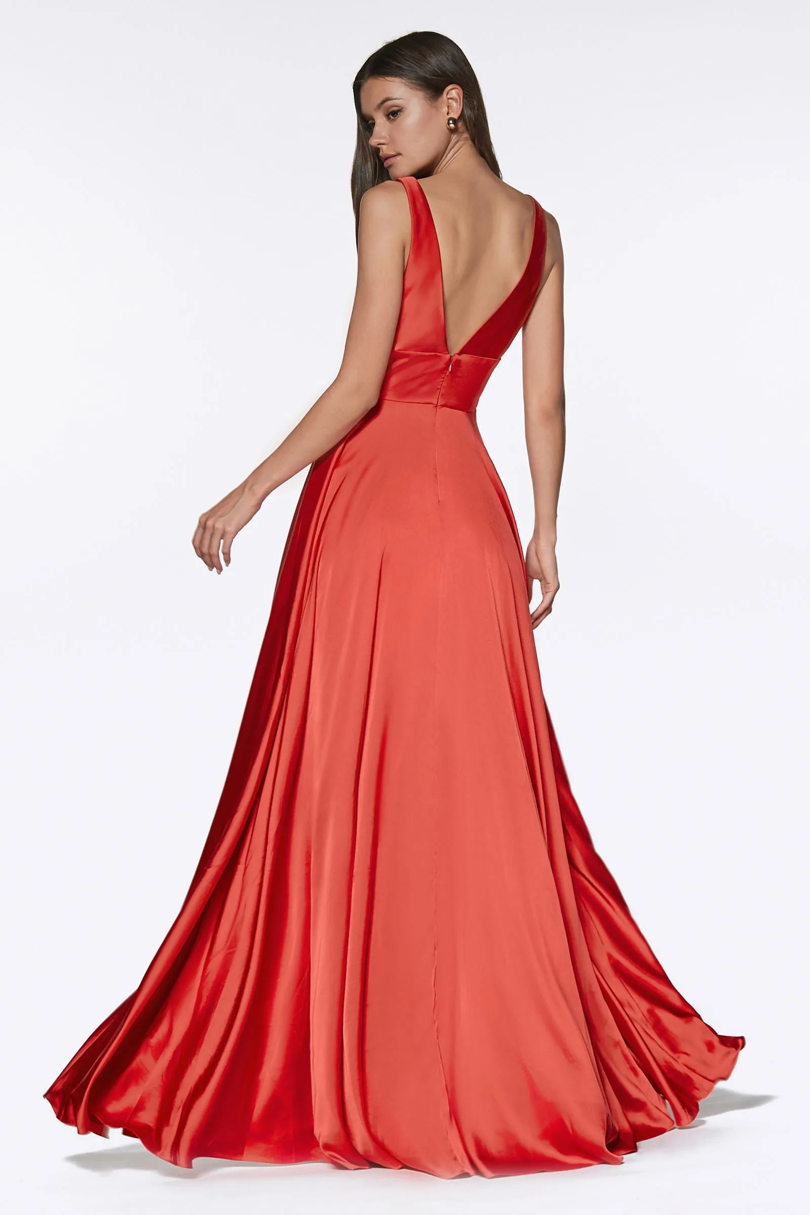 Cinderella Divine 7469 Floor Length Satin Formal V-Neckline Dress