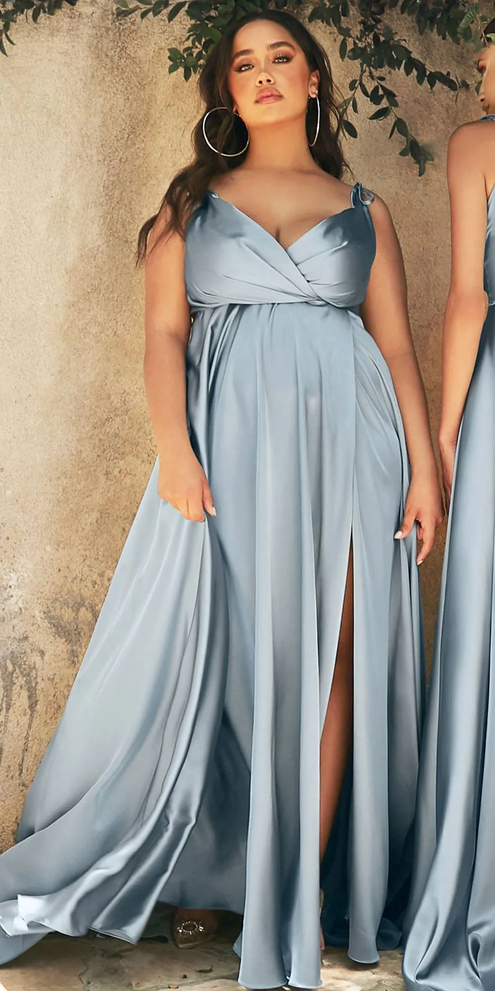 Cinderella Divine BD105 Flowy Satin A-Line Gown with Leg Slit