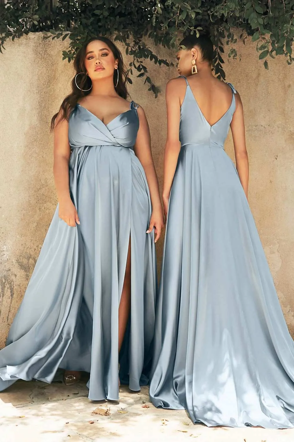 Cinderella Divine BD105 Flowy Satin A-Line Gown with Leg Slit
