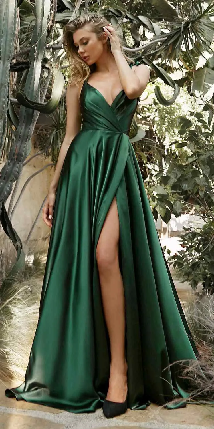 Cinderella Divine BD105 Flowy Satin A-Line Gown with Leg Slit
