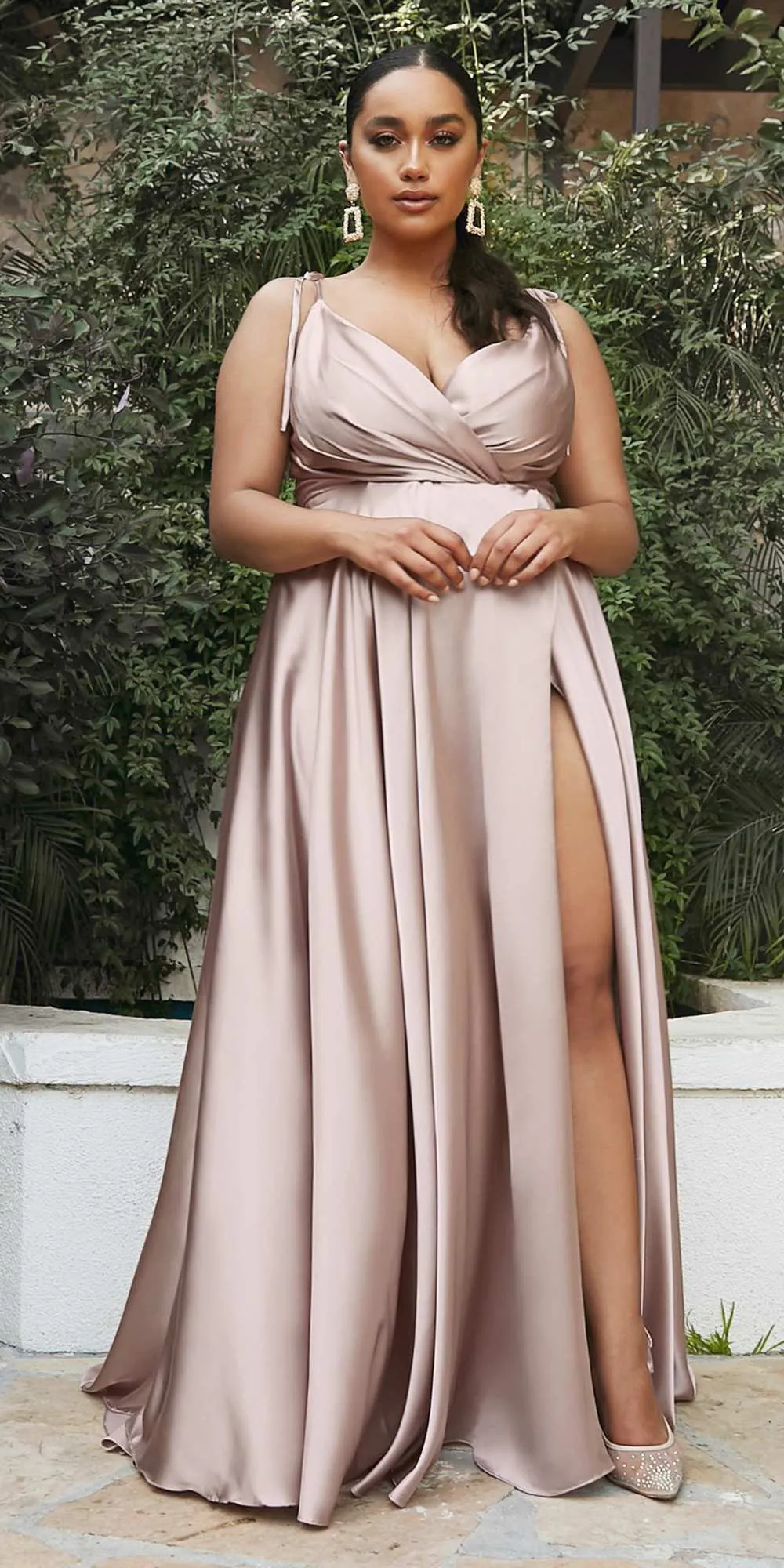 Cinderella Divine BD105 Flowy Satin A-Line Gown with Leg Slit