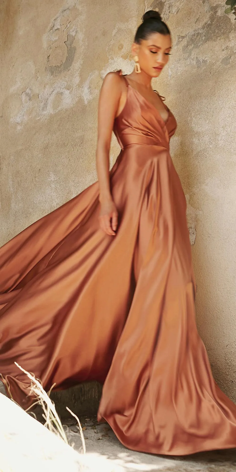 Cinderella Divine BD105 Flowy Satin A-Line Gown with Leg Slit