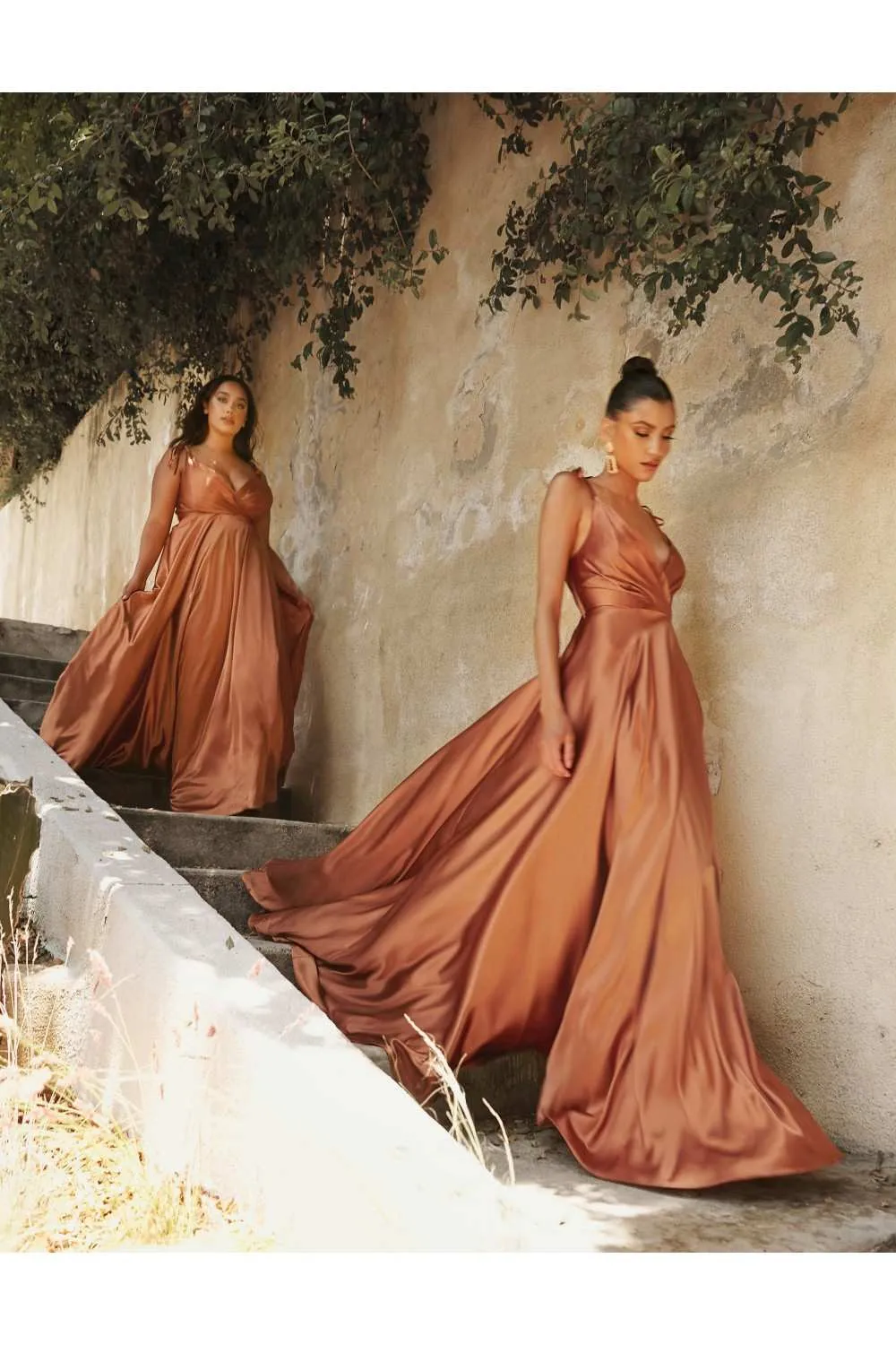 Cinderella Divine BD105 Flowy Satin A-Line Gown with Leg Slit