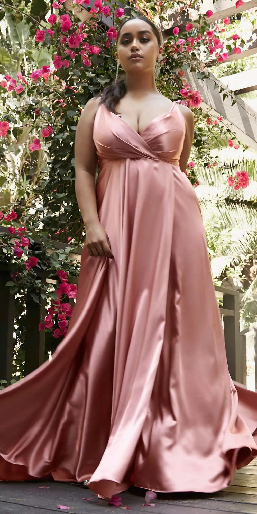 Cinderella Divine BD105 Flowy Satin A-Line Gown with Leg Slit