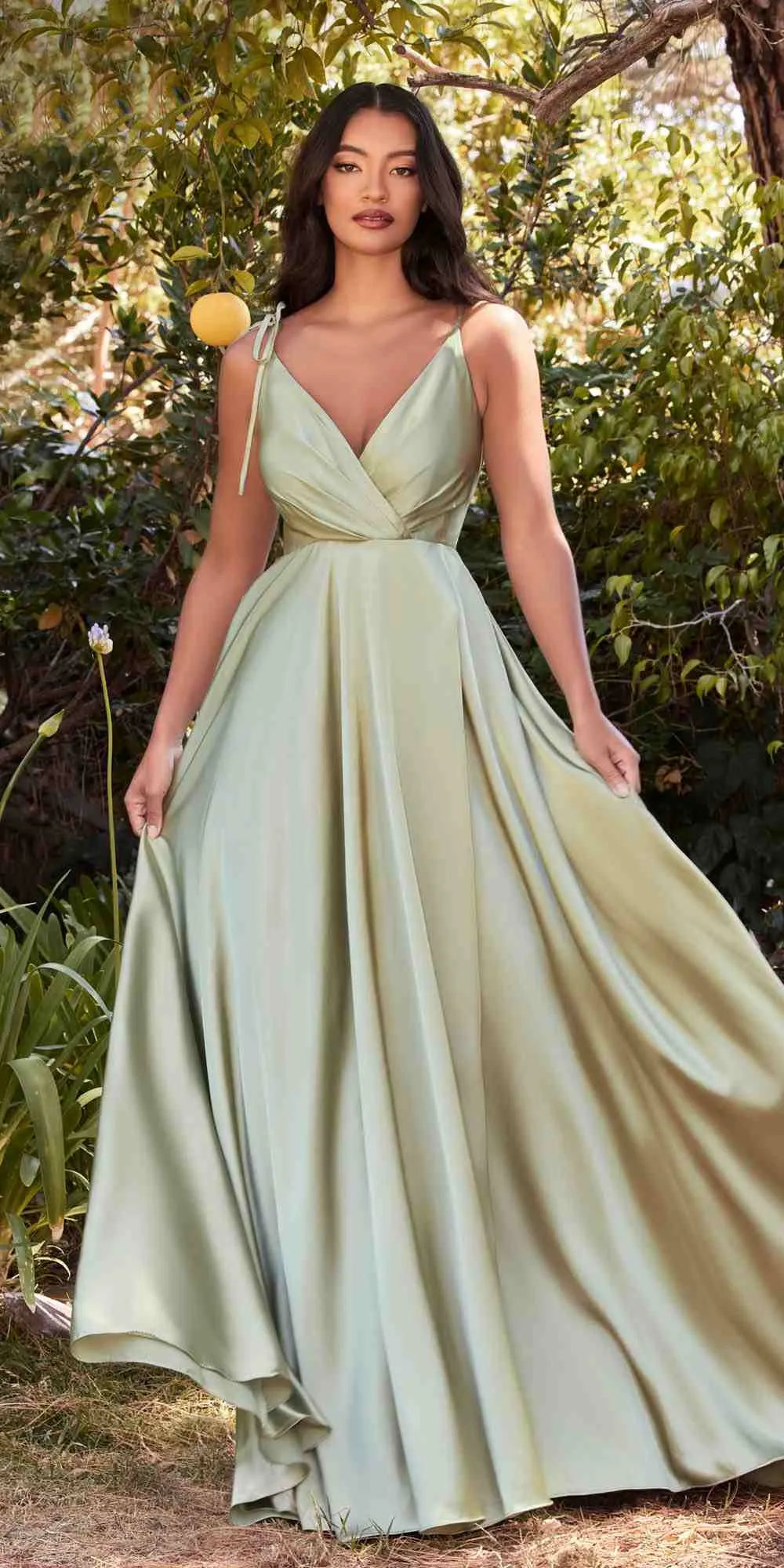 Cinderella Divine BD105 Flowy Satin A-Line Gown with Leg Slit