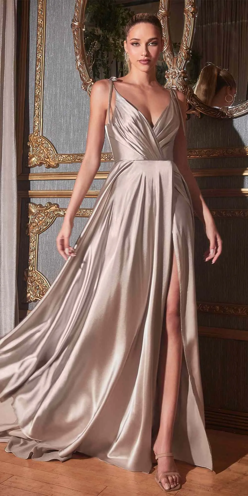 Cinderella Divine BD105 Flowy Satin A-Line Gown with Leg Slit