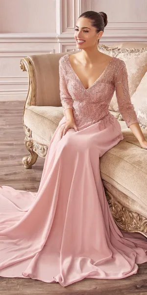 Cinderella Divine CD0171 Flowy Chiffon A-Line Gown 3/4 Length Sleeves