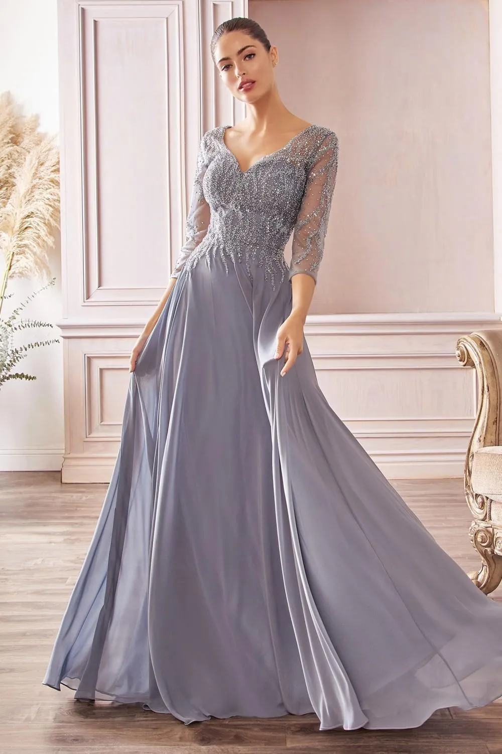 Cinderella Divine CD0171 Flowy Chiffon A-Line Gown 3/4 Length Sleeves