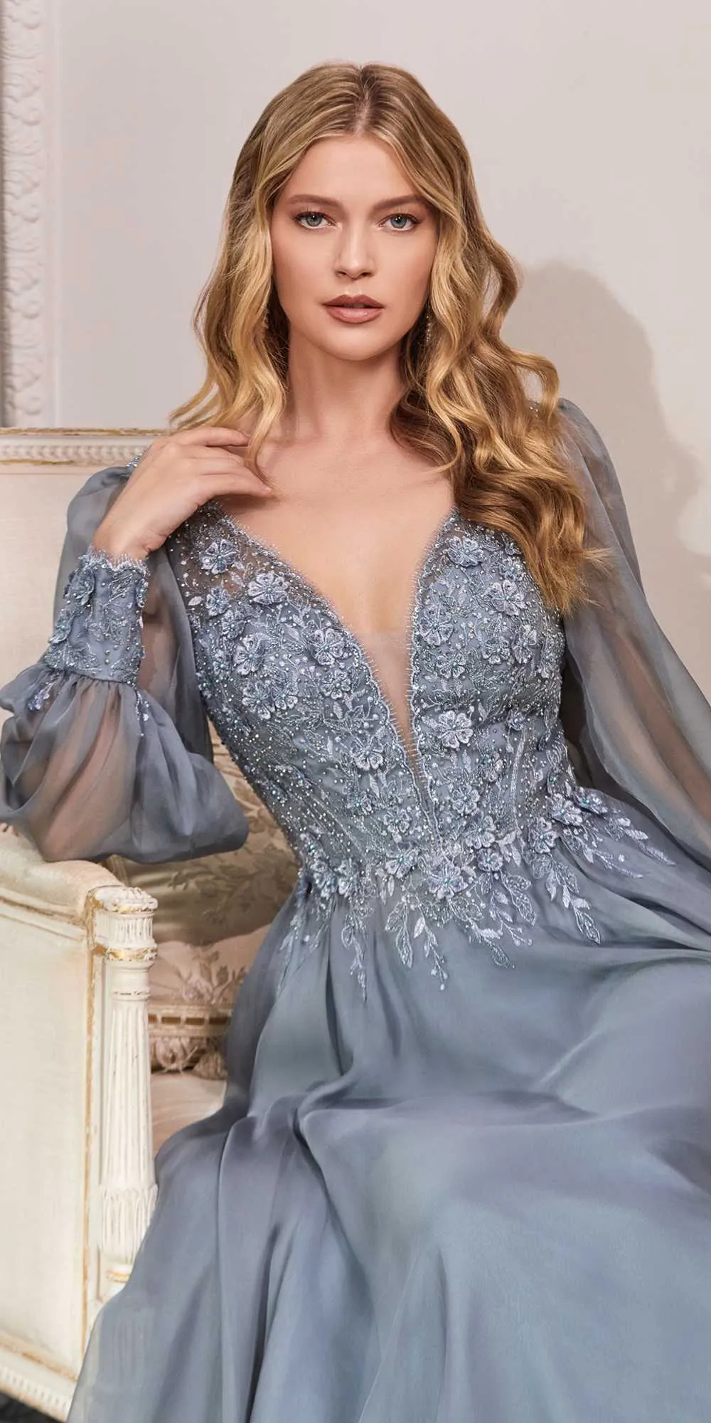 Cinderella Divine CD0183 Puff Long Sleeve Chiffon Formal Gown