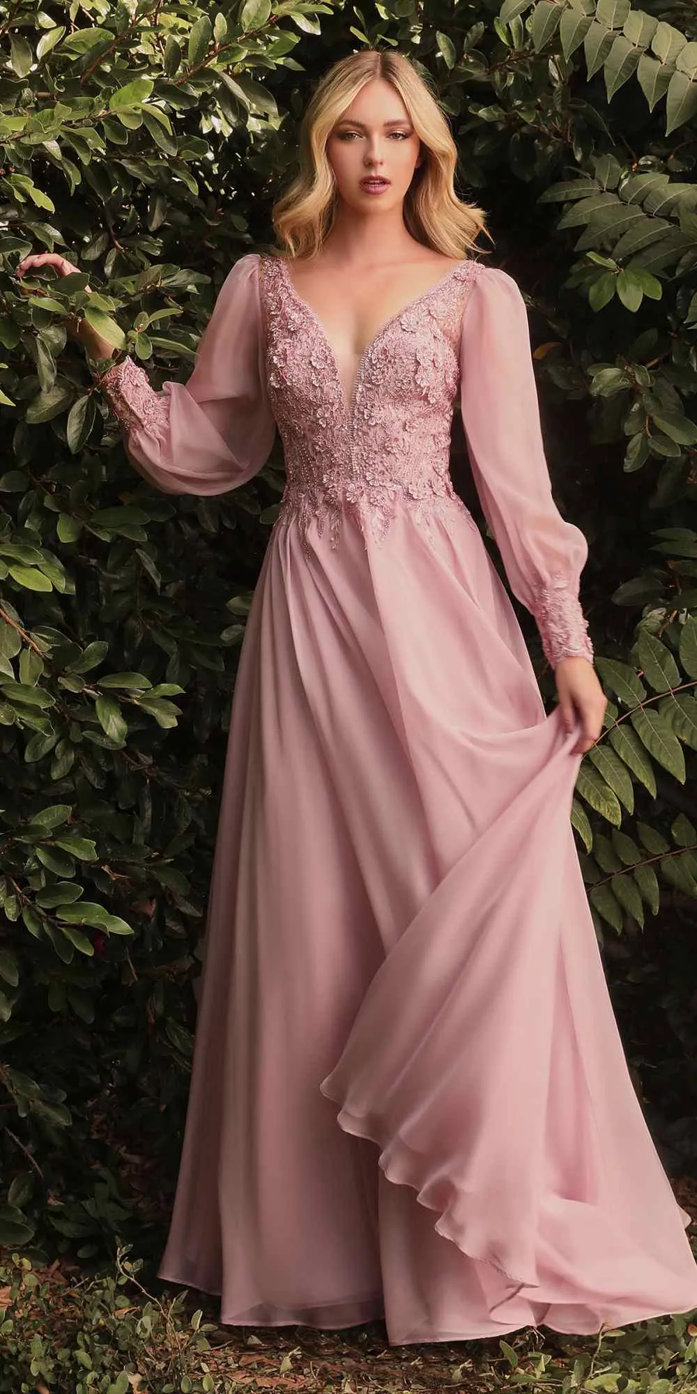 Cinderella Divine CD0183 Puff Long Sleeve Chiffon Formal Gown
