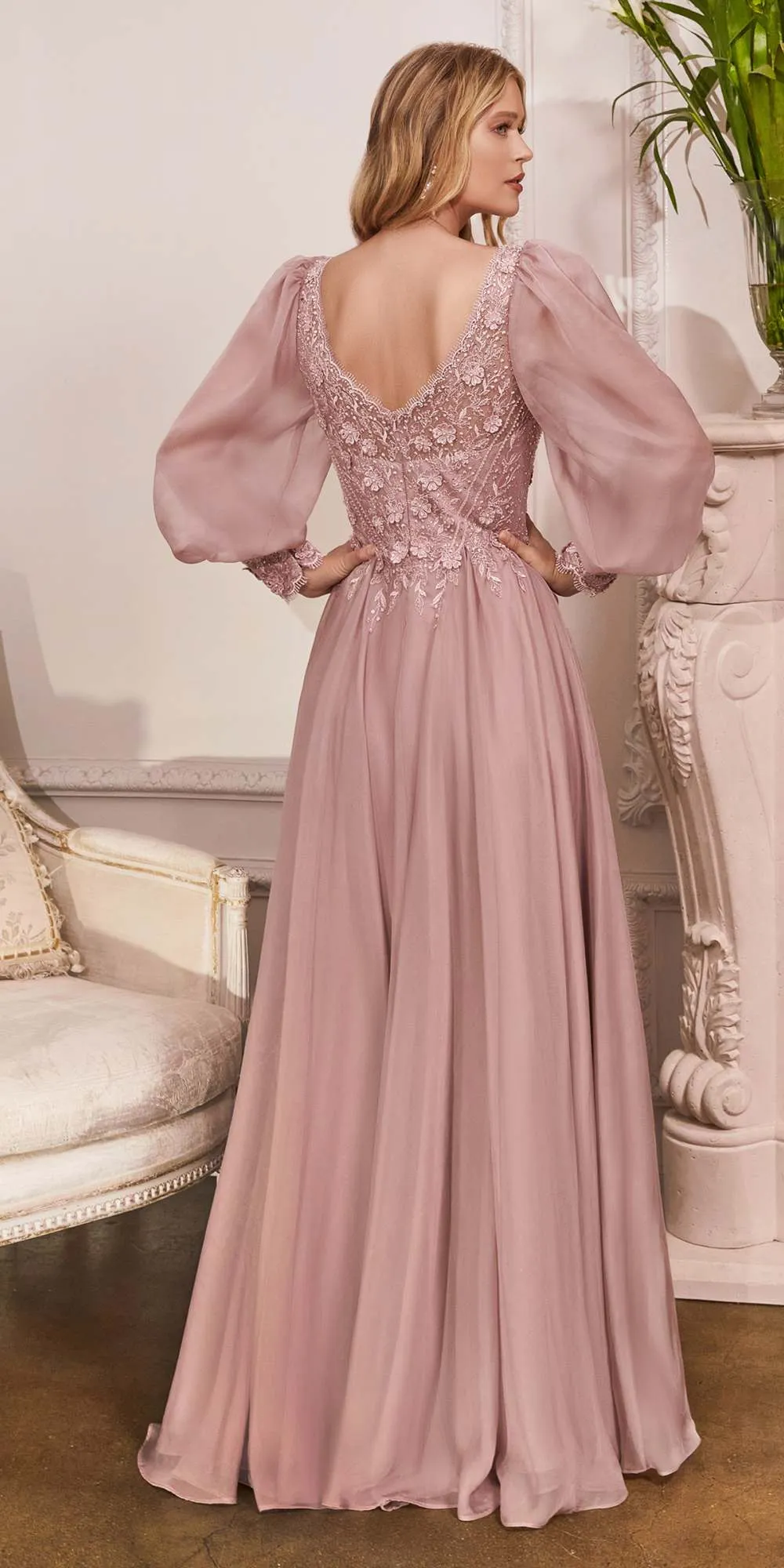 Cinderella Divine CD0183 Puff Long Sleeve Chiffon Formal Gown