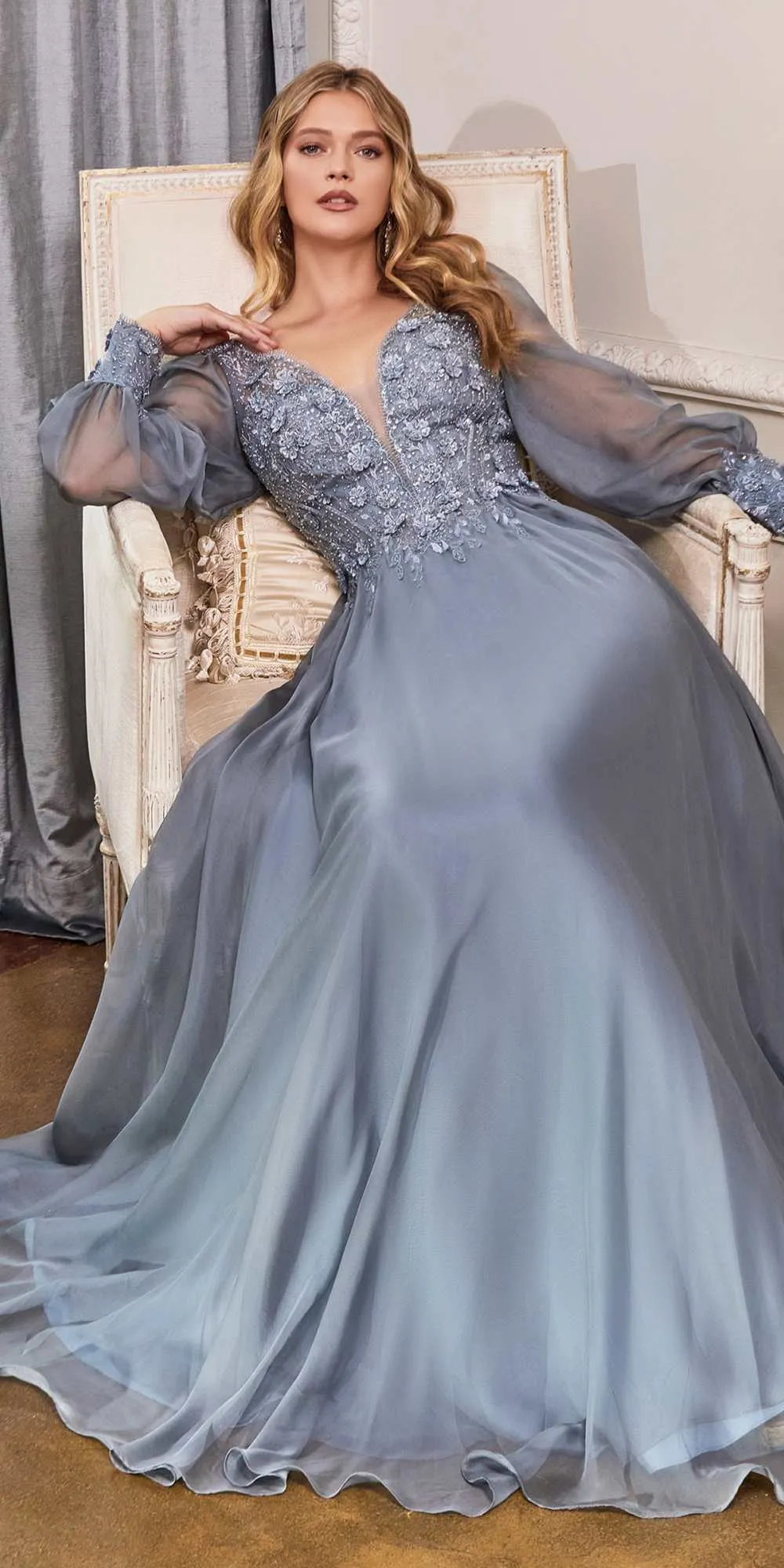 Cinderella Divine CD0183 Puff Long Sleeve Chiffon Formal Gown