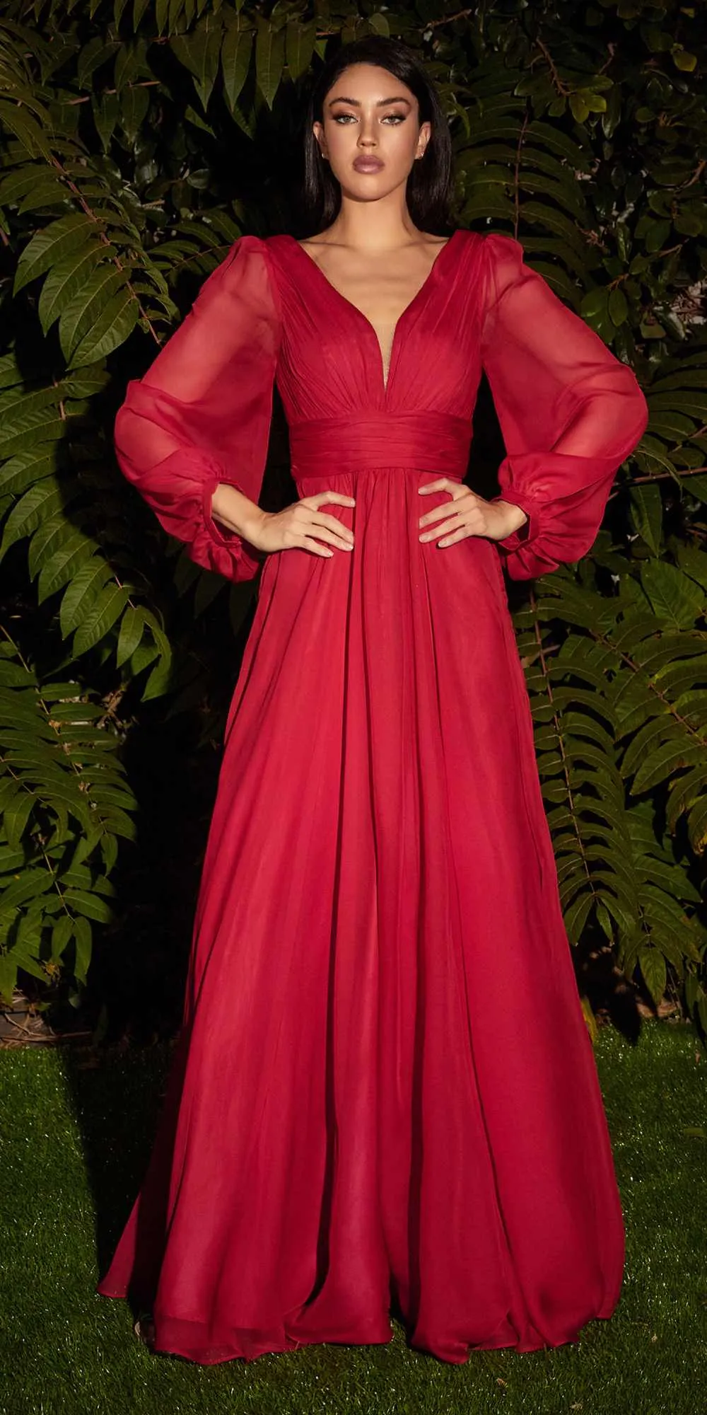 Cinderella Divine CD0192 Long Sleeve A-Line Chiffon Dress