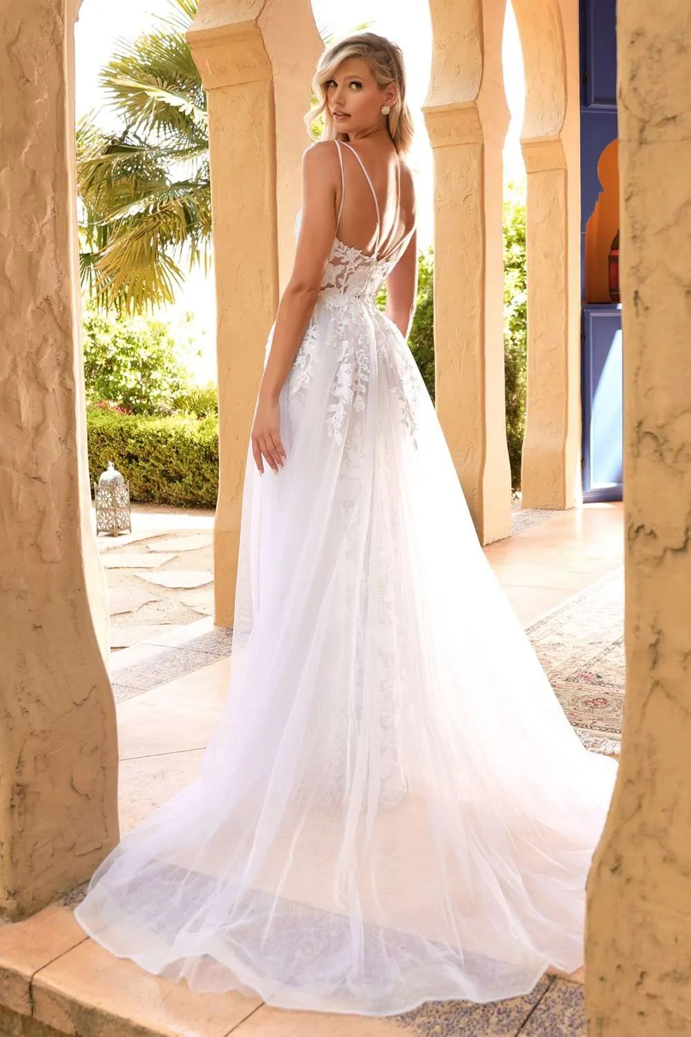 Cinderella Divine CD931W Lace Wedding Gown Sheer Overlay Lace Applique