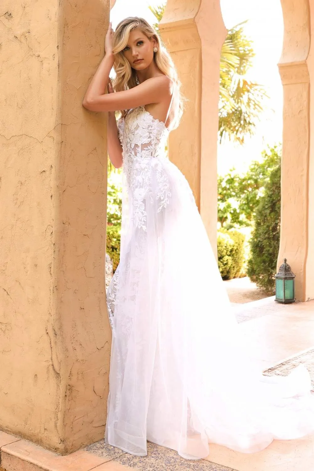 Cinderella Divine CD931W Lace Wedding Gown Sheer Overlay Lace Applique